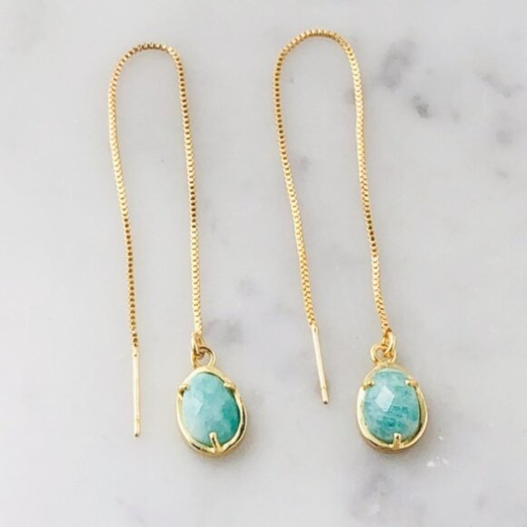Gold Plated Green Amazonite Egg Shape Threader Earrings - Picture 6 of 7